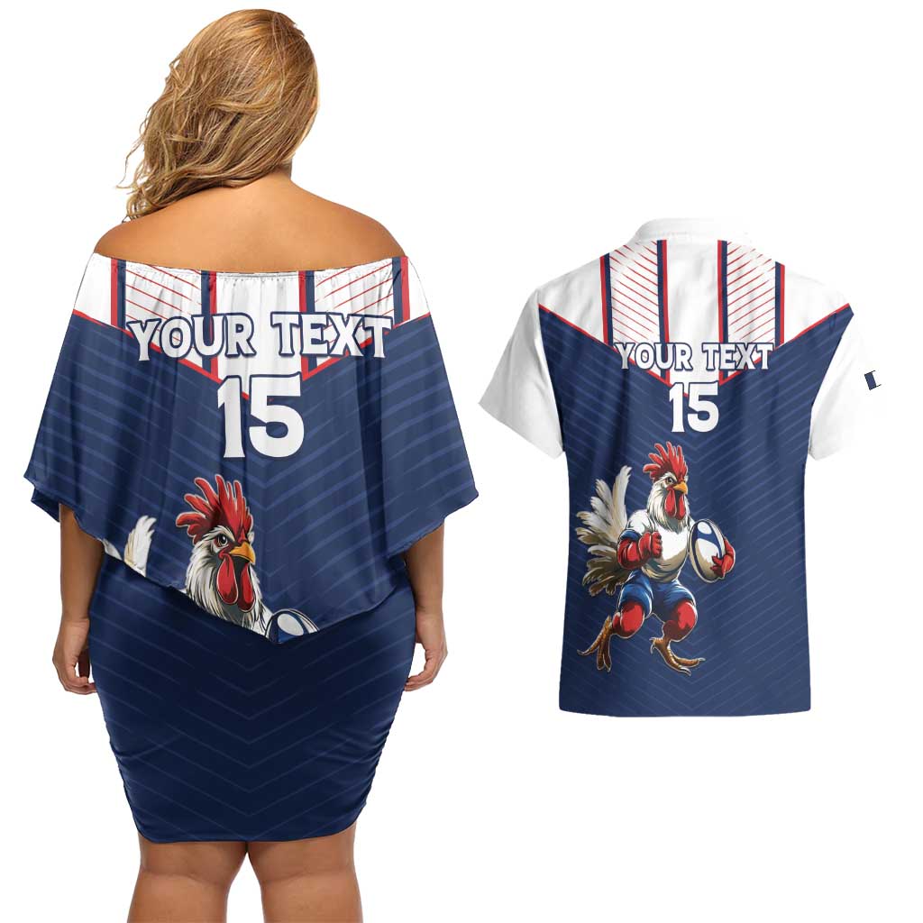 France Rugby Custom Couples Matching Off Shoulder Short Dress and Hawaiian Shirt Allez Les Bleus - Sporty Style