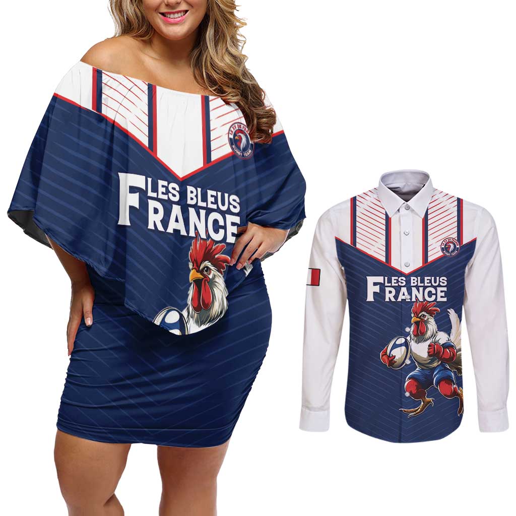 France Rugby Custom Couples Matching Off Shoulder Short Dress and Long Sleeve Button Shirt Allez Les Bleus - Sporty Style