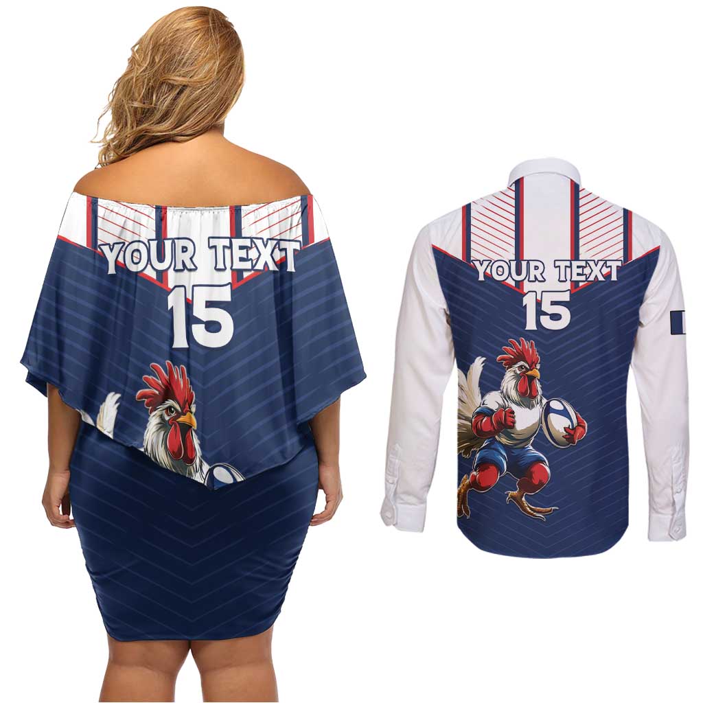 France Rugby Custom Couples Matching Off Shoulder Short Dress and Long Sleeve Button Shirt Allez Les Bleus - Sporty Style
