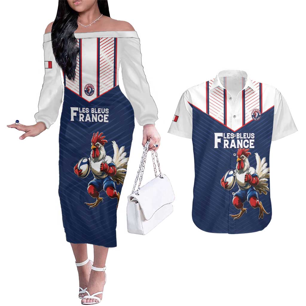 France Rugby Custom Couples Matching Off The Shoulder Long Sleeve Dress and Hawaiian Shirt Allez Les Bleus - Sporty Style