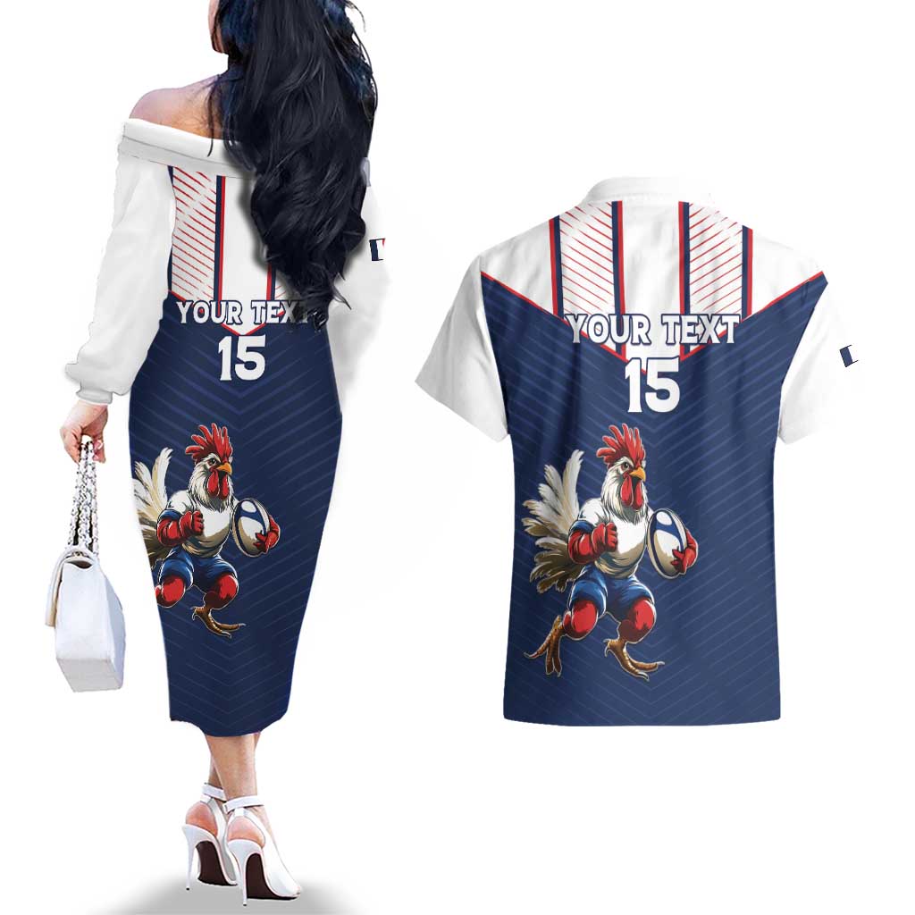 France Rugby Custom Couples Matching Off The Shoulder Long Sleeve Dress and Hawaiian Shirt Allez Les Bleus - Sporty Style