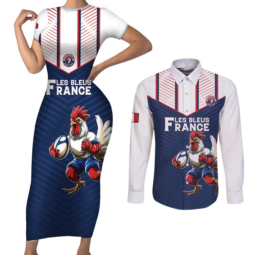 France Rugby Custom Couples Matching Short Sleeve Bodycon Dress and Long Sleeve Button Shirt Allez Les Bleus - Sporty Style