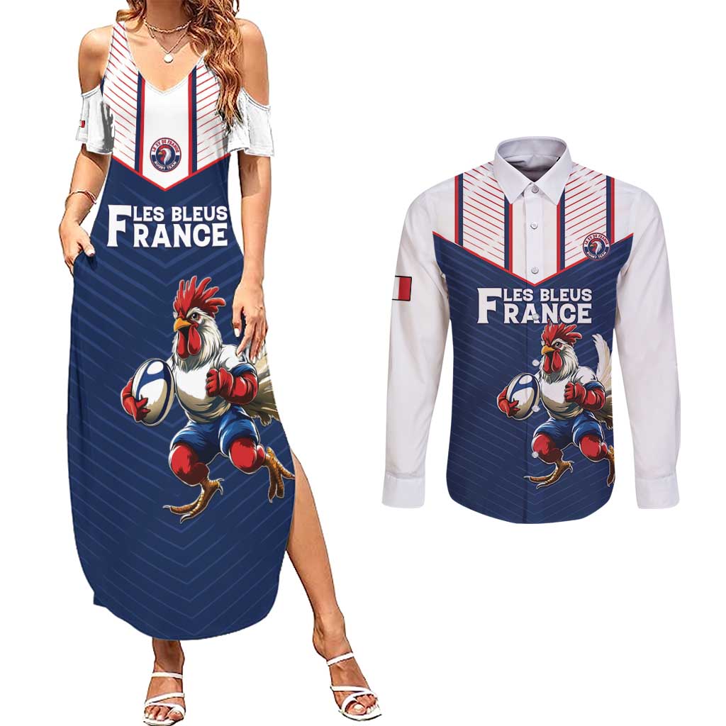 France Rugby Custom Couples Matching Summer Maxi Dress and Long Sleeve Button Shirt Allez Les Bleus - Sporty Style