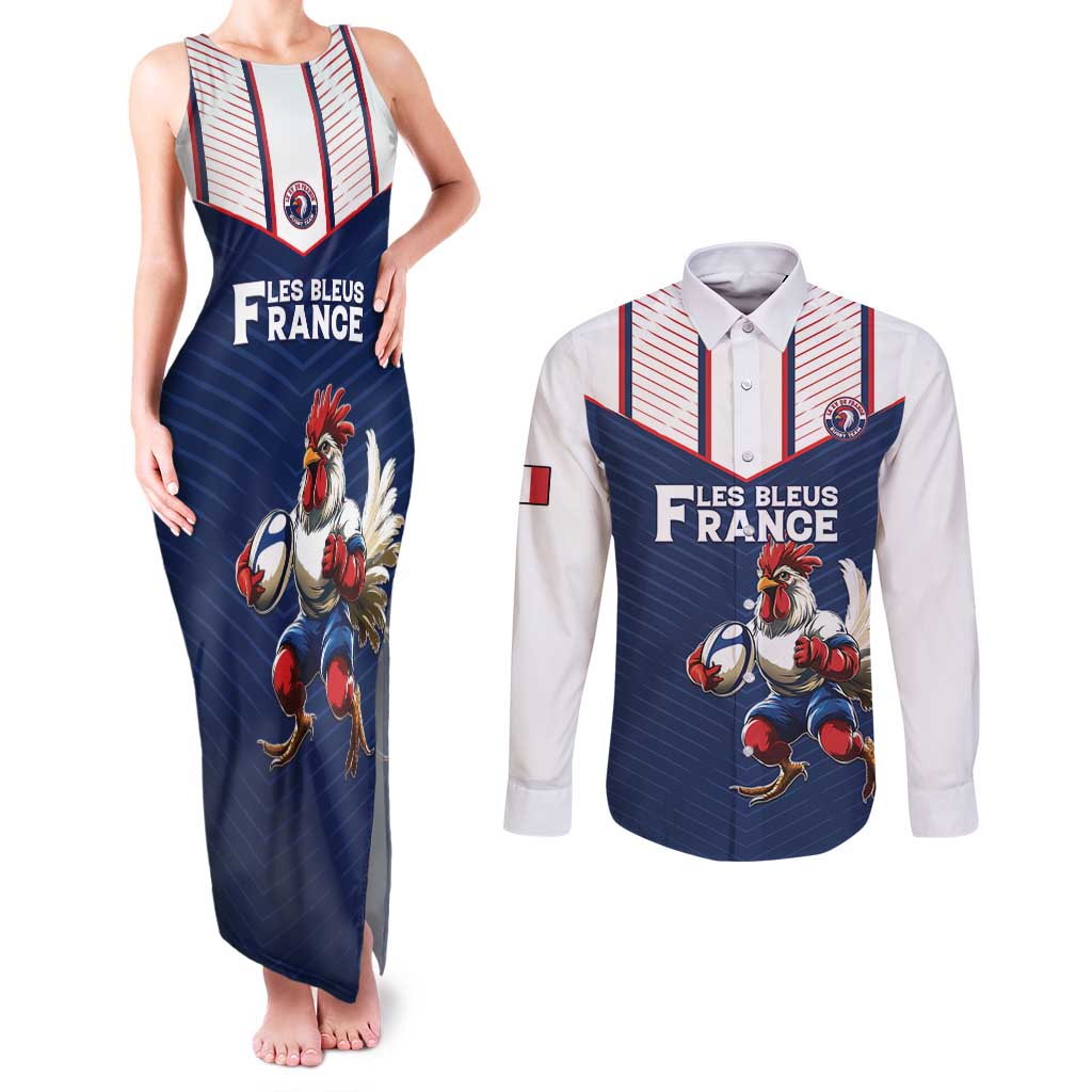 France Rugby Custom Couples Matching Tank Maxi Dress and Long Sleeve Button Shirt Allez Les Bleus - Sporty Style