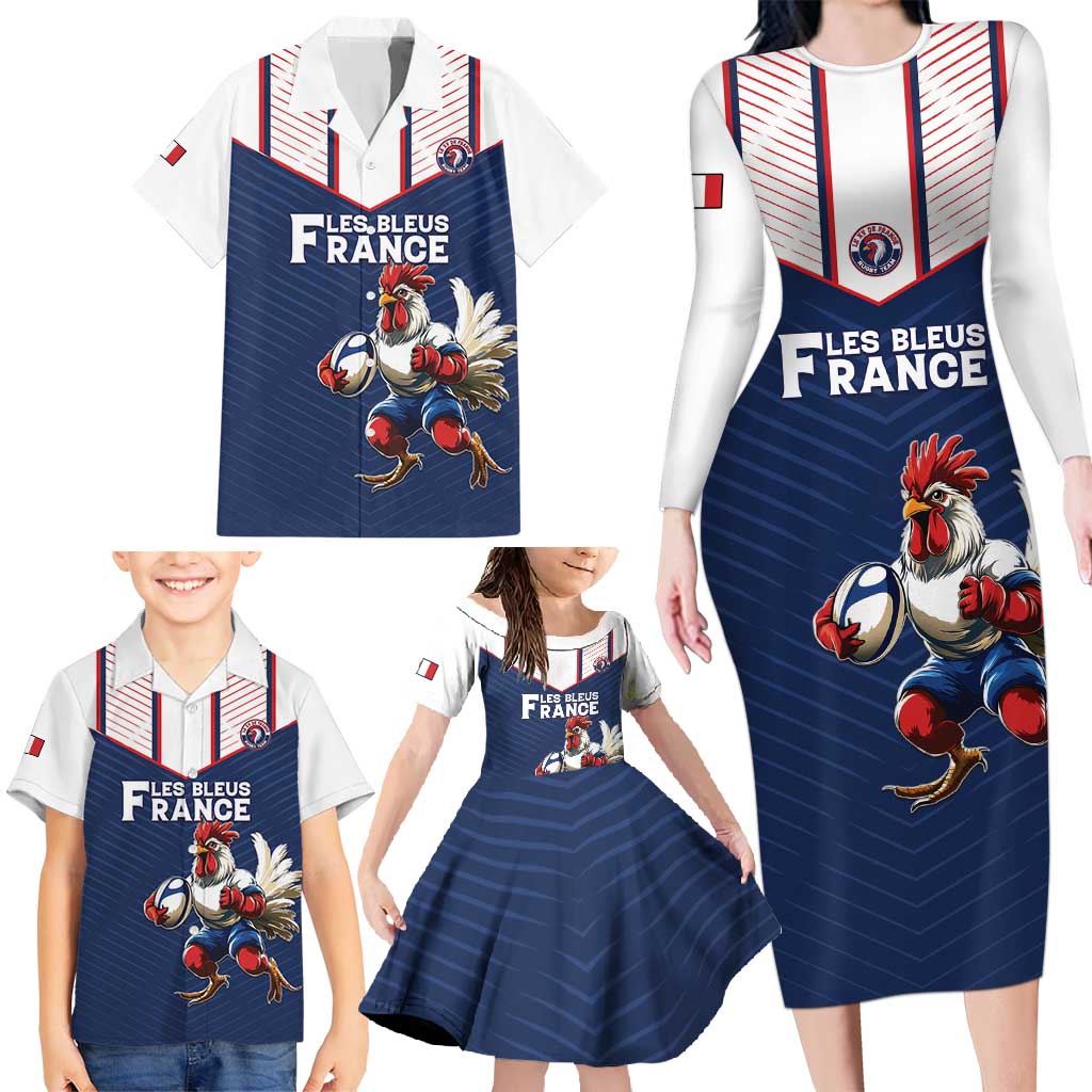 France Rugby Custom Family Matching Long Sleeve Bodycon Dress and Hawaiian Shirt Allez Les Bleus - Sporty Style