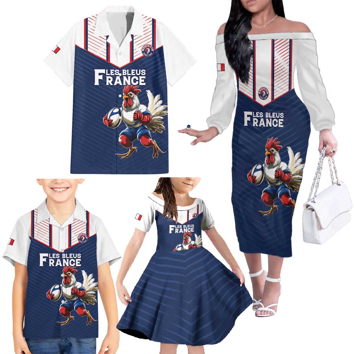 France Rugby Custom Family Matching Off The Shoulder Long Sleeve Dress and Hawaiian Shirt Allez Les Bleus - Sporty Style