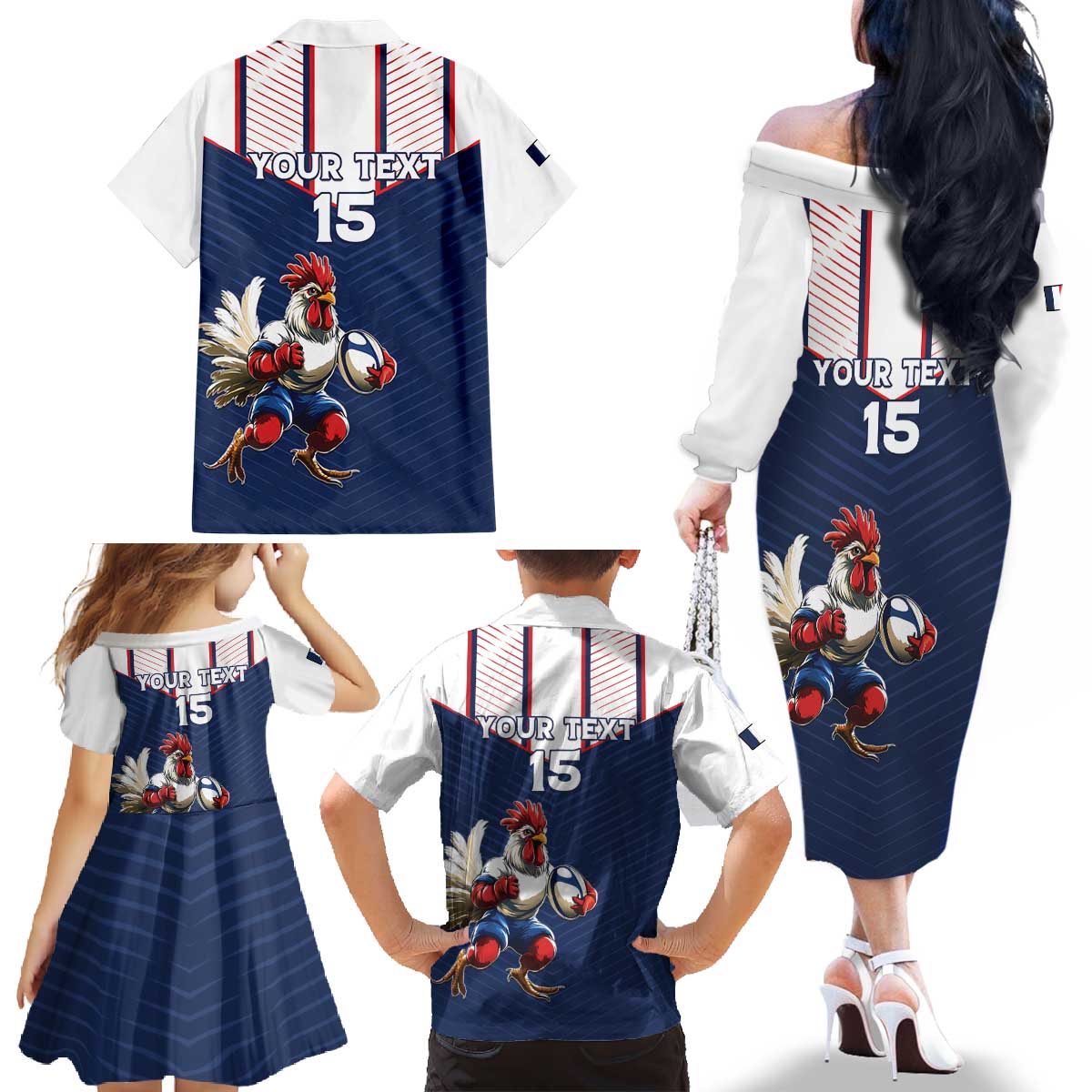 France Rugby Custom Family Matching Off The Shoulder Long Sleeve Dress and Hawaiian Shirt Allez Les Bleus - Sporty Style