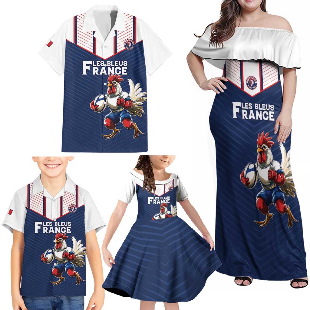 France Rugby Custom Family Matching Off Shoulder Maxi Dress and Hawaiian Shirt Allez Les Bleus - Sporty Style