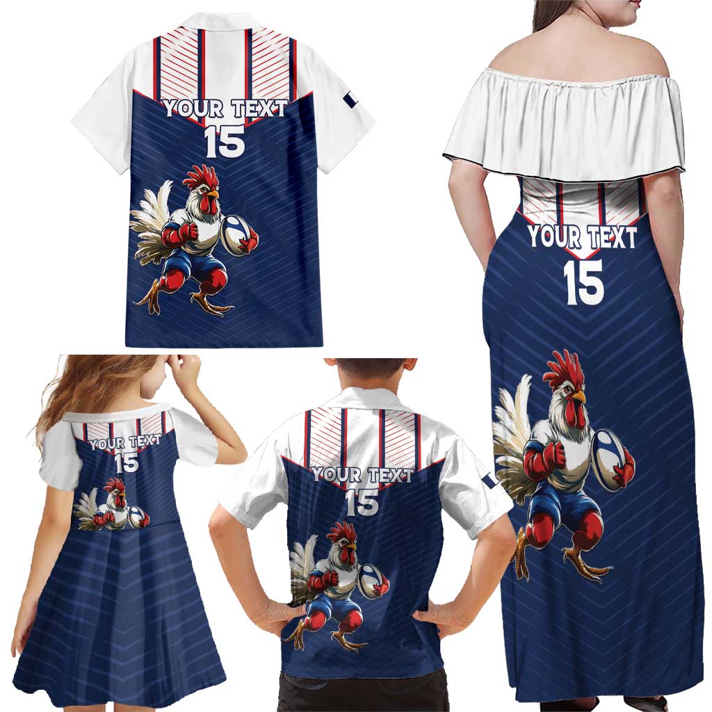 France Rugby Custom Family Matching Off Shoulder Maxi Dress and Hawaiian Shirt Allez Les Bleus - Sporty Style