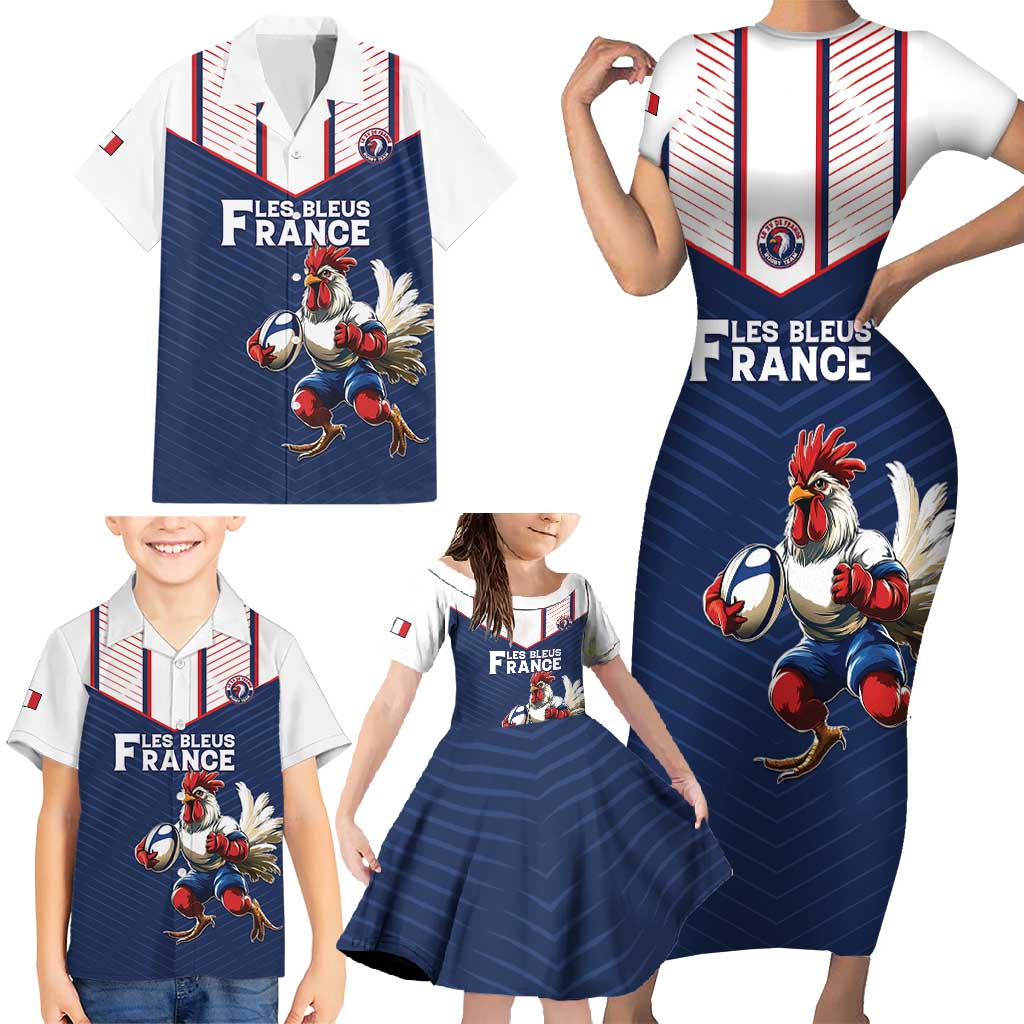 France Rugby Custom Family Matching Short Sleeve Bodycon Dress and Hawaiian Shirt Allez Les Bleus - Sporty Style