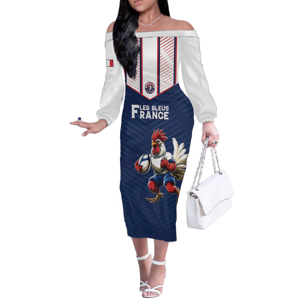 France Rugby Custom Off The Shoulder Long Sleeve Dress Allez Les Bleus - Sporty Style