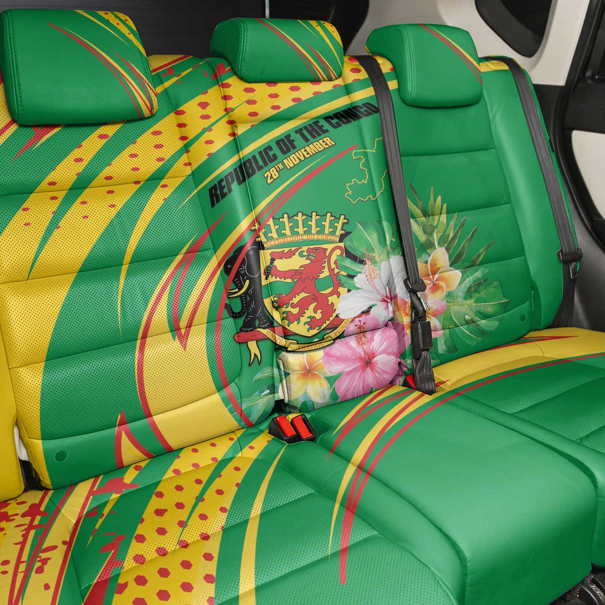 Congo Republic Day Back Car Seat Cover Coat Of Arms With Tropical Flower - Wonder Print Shop