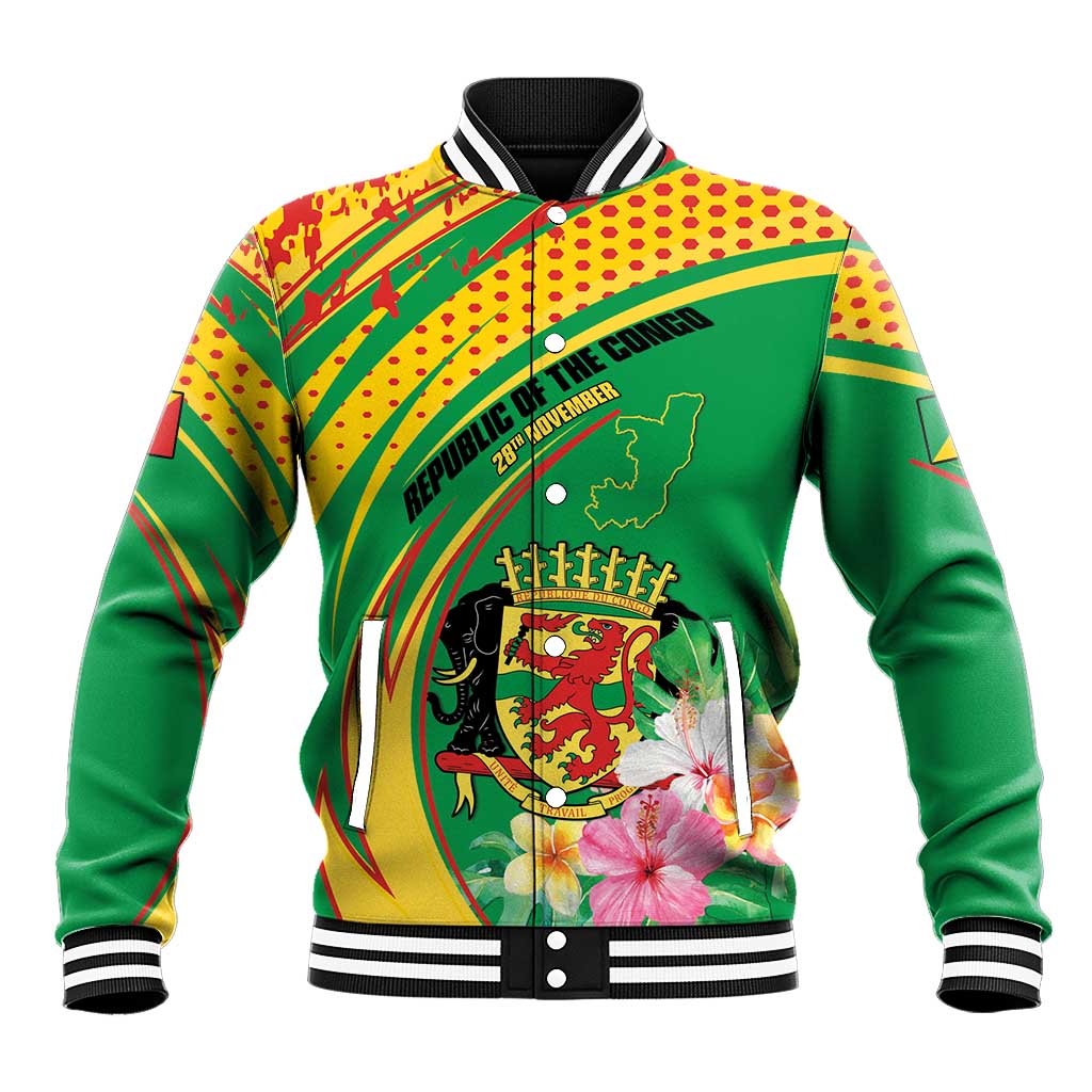 Personalized Congo Republic Day Baseball Jacket Coat Of Arms With Tropical Flower - Wonder Print Shop