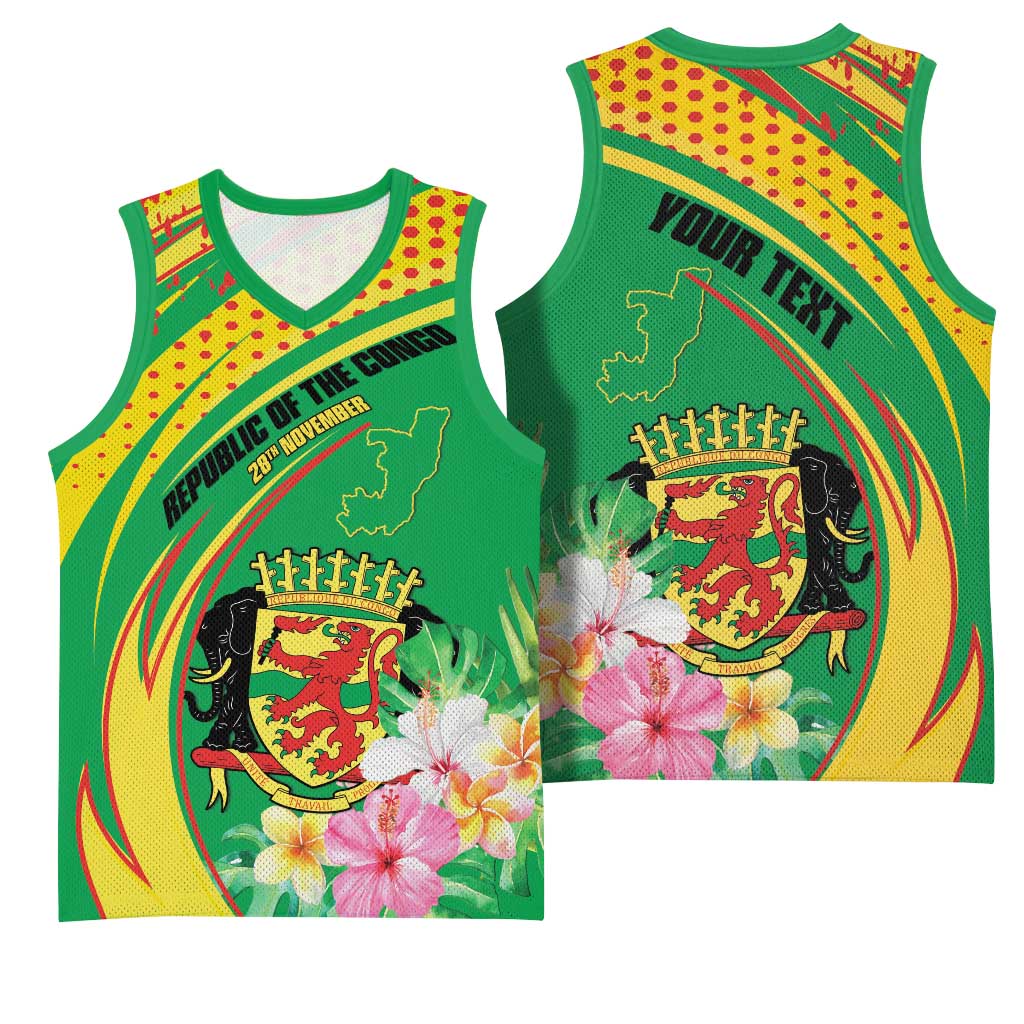 Personalized Congo Republic Day Basketball Jersey Coat Of Arms With Tropical Flower - Wonder Print Shop