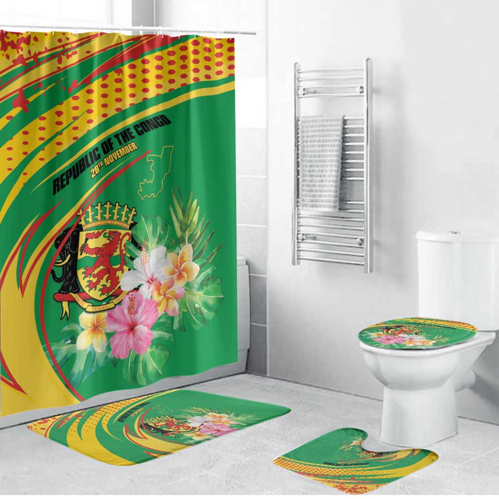 Congo Republic Day Bathroom Set Coat Of Arms With Tropical Flower - Wonder Print Shop