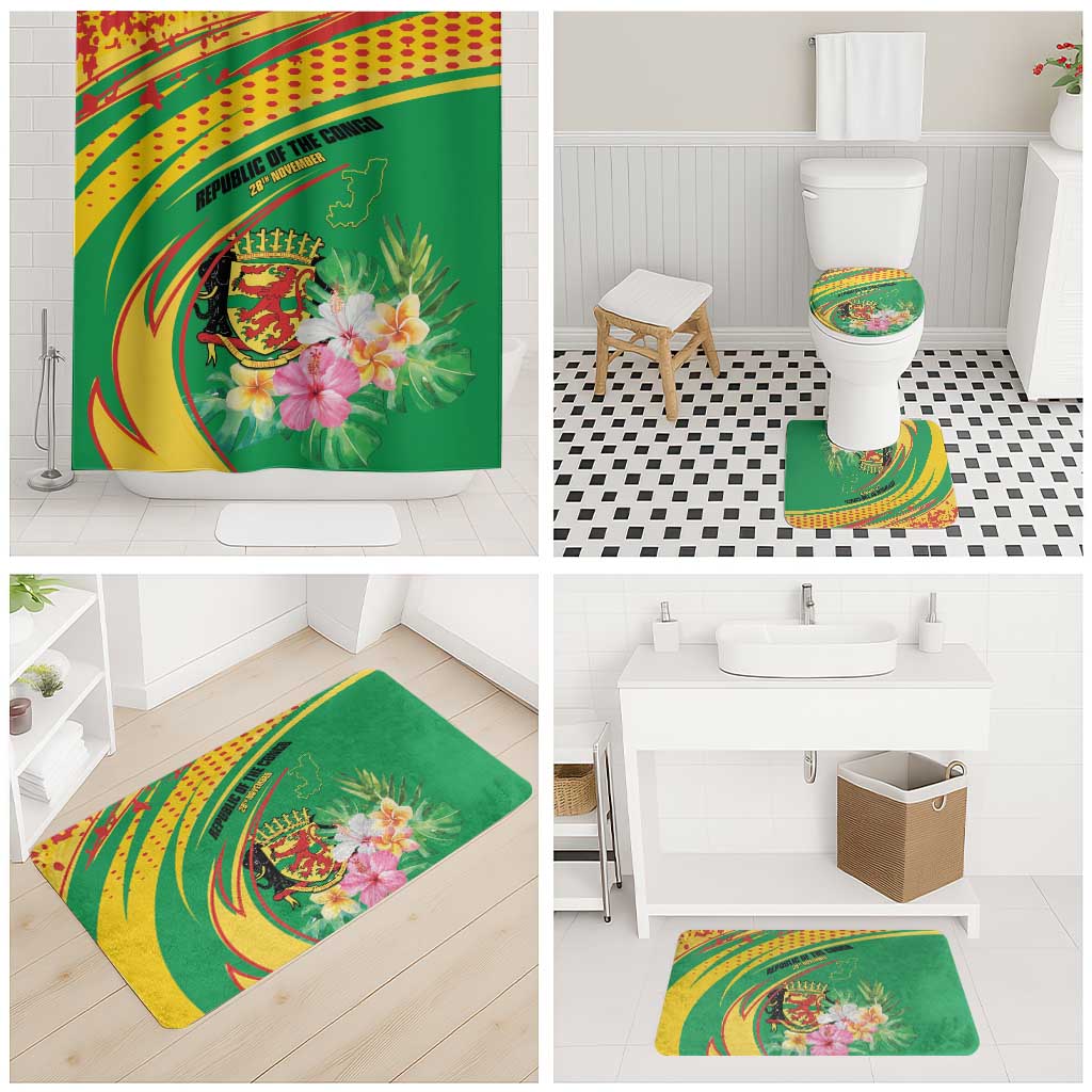 Congo Republic Day Bathroom Set Coat Of Arms With Tropical Flower - Wonder Print Shop