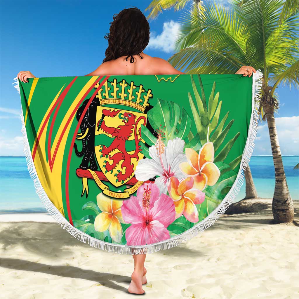 Congo Republic Day Beach Blanket Coat Of Arms With Tropical Flower - Wonder Print Shop