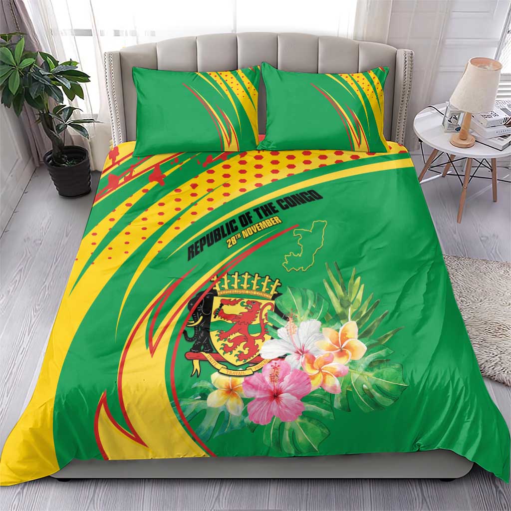 Congo Republic Day Bedding Set Coat Of Arms With Tropical Flower - Wonder Print Shop