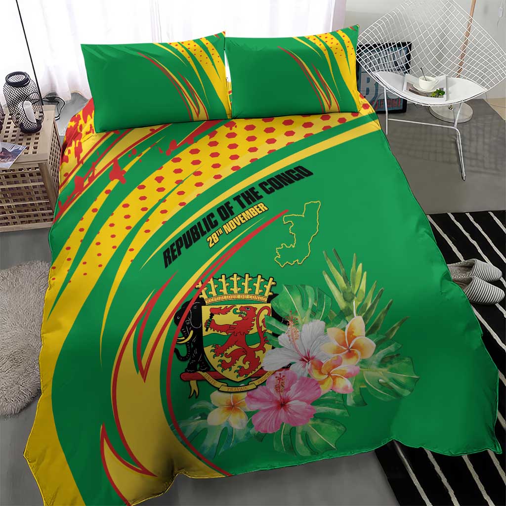 Congo Republic Day Bedding Set Coat Of Arms With Tropical Flower - Wonder Print Shop