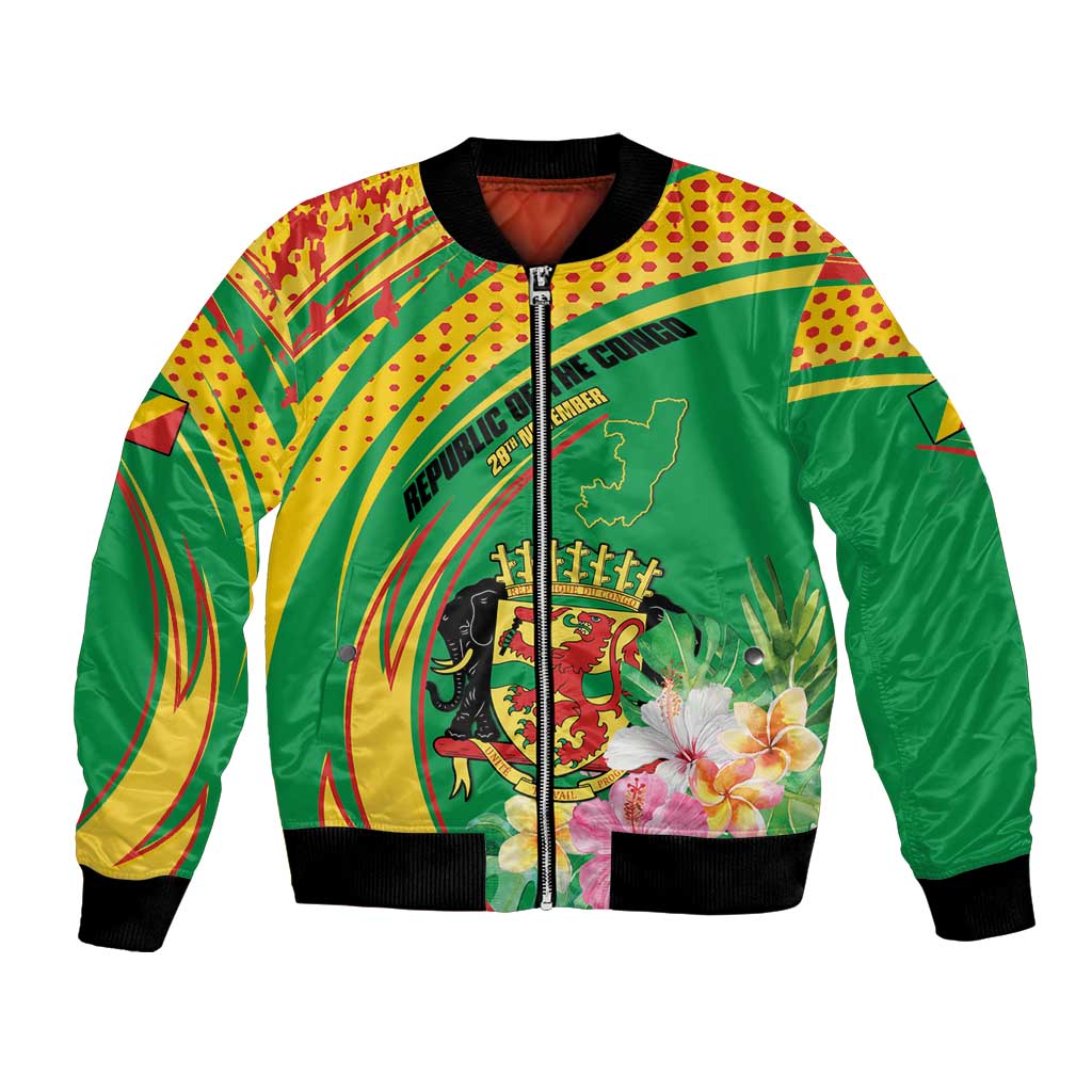 Personalized Congo Republic Day Bomber Jacket Coat Of Arms With Tropical Flower - Wonder Print Shop