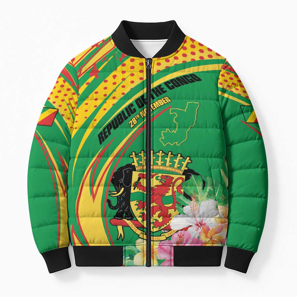 Personalized Congo Republic Day Bomber Puffer Jacket Coat Of Arms With Tropical Flower - Wonder Print Shop