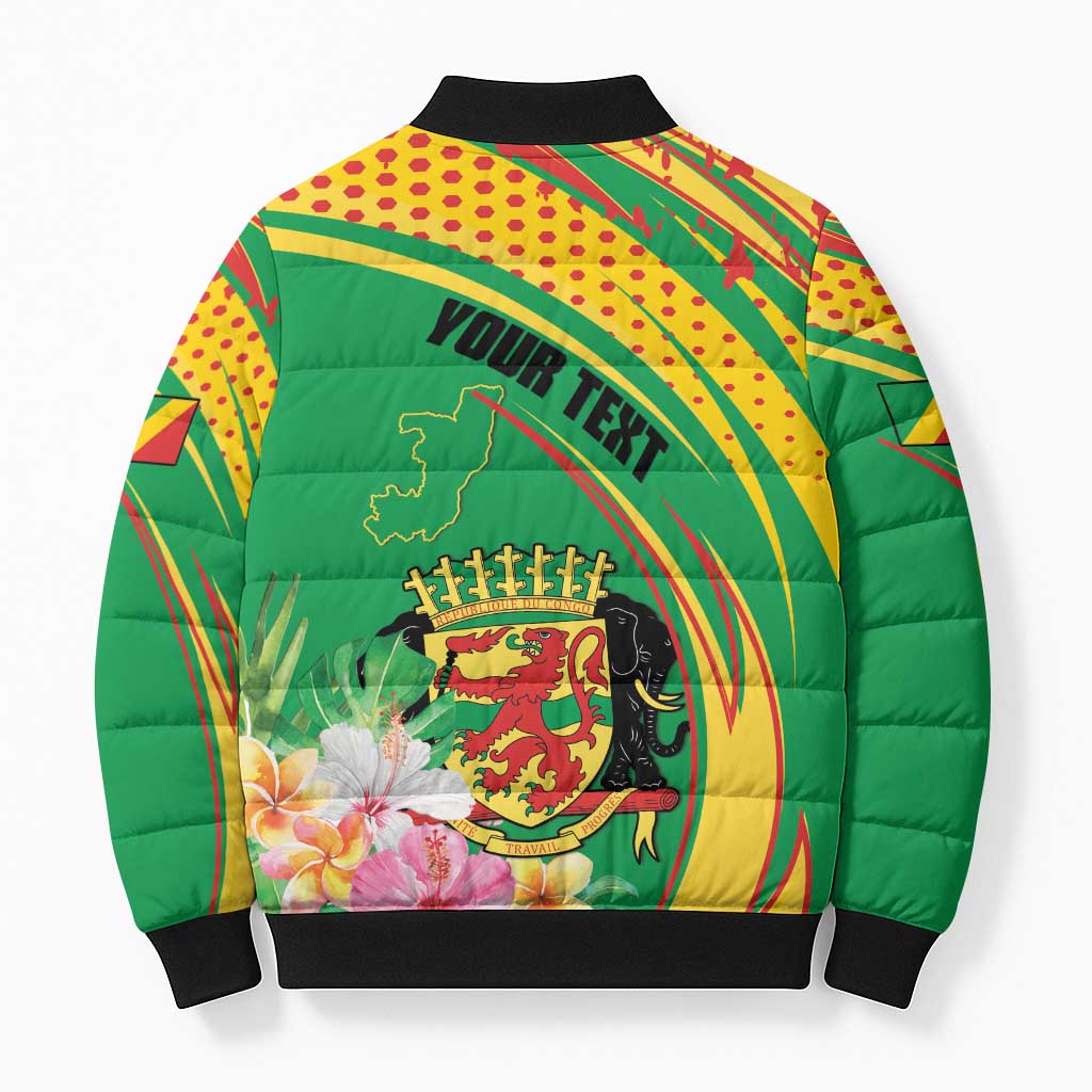 Personalized Congo Republic Day Bomber Puffer Jacket Coat Of Arms With Tropical Flower - Wonder Print Shop