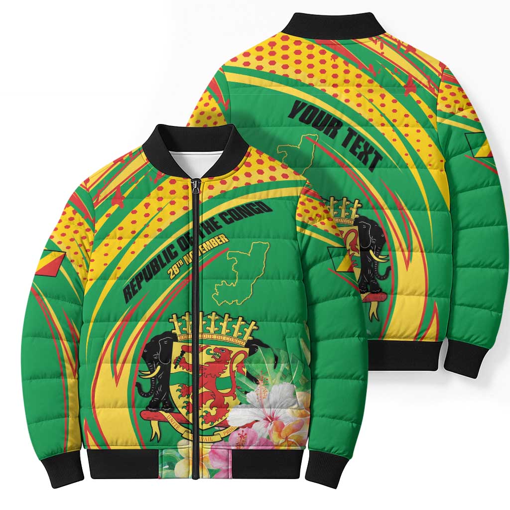 Personalized Congo Republic Day Bomber Puffer Jacket Coat Of Arms With Tropical Flower - Wonder Print Shop