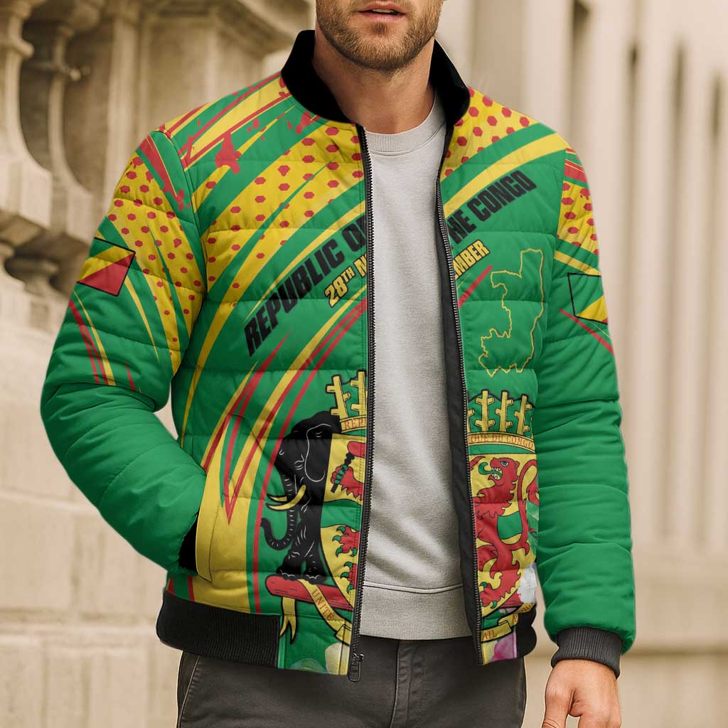 Personalized Congo Republic Day Bomber Puffer Jacket Coat Of Arms With Tropical Flower - Wonder Print Shop
