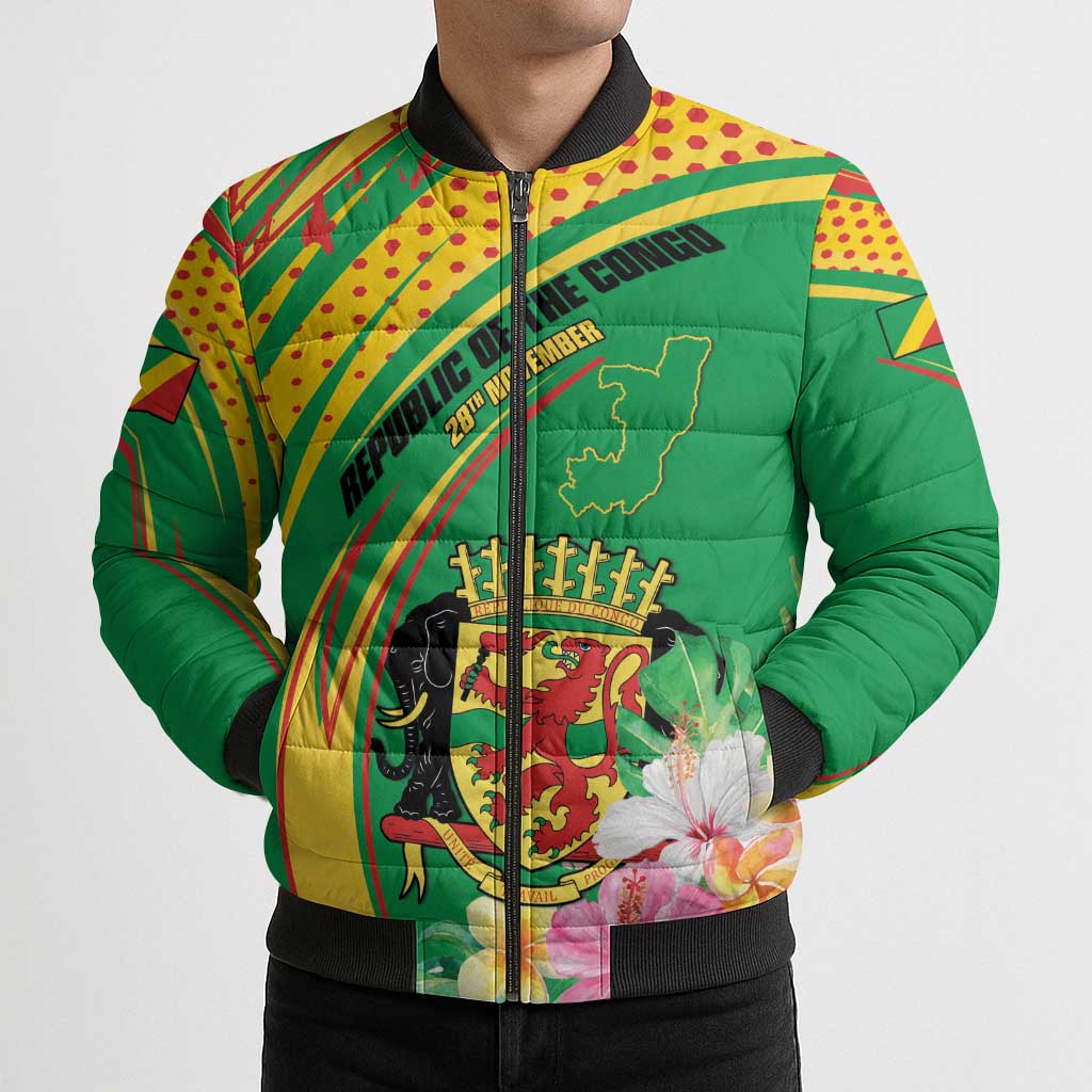 Personalized Congo Republic Day Bomber Puffer Jacket Coat Of Arms With Tropical Flower - Wonder Print Shop