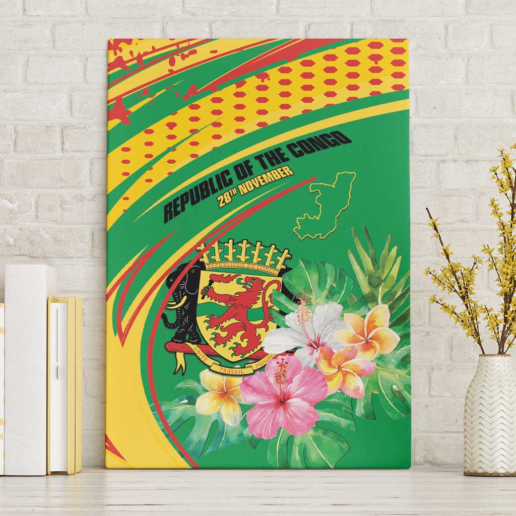 Congo Republic Day Canvas Wall Art Coat Of Arms With Tropical Flower - Wonder Print Shop