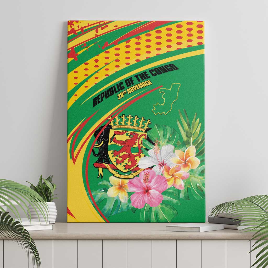 Congo Republic Day Canvas Wall Art Coat Of Arms With Tropical Flower - Wonder Print Shop