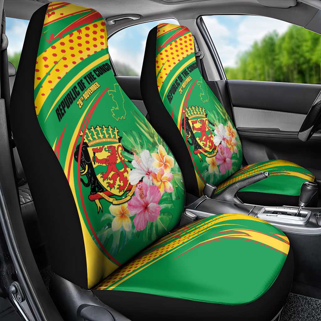 Congo Republic Day Car Seat Cover Coat Of Arms With Tropical Flower - Wonder Print Shop