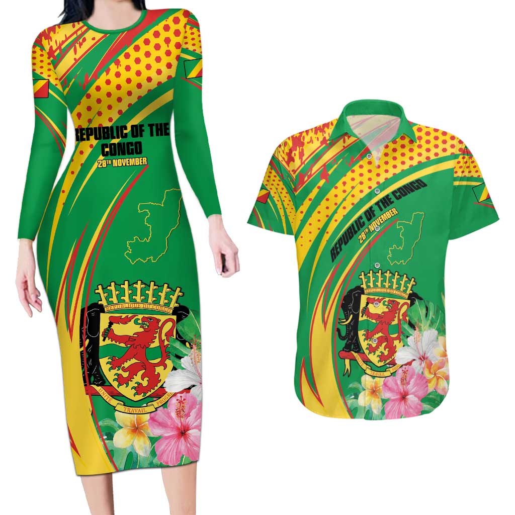 Personalized Congo Republic Day Couples Matching Long Sleeve Bodycon Dress and Hawaiian Shirt Coat Of Arms With Tropical Flower - Wonder Print Shop