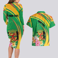 Personalized Congo Republic Day Couples Matching Long Sleeve Bodycon Dress and Hawaiian Shirt Coat Of Arms With Tropical Flower - Wonder Print Shop