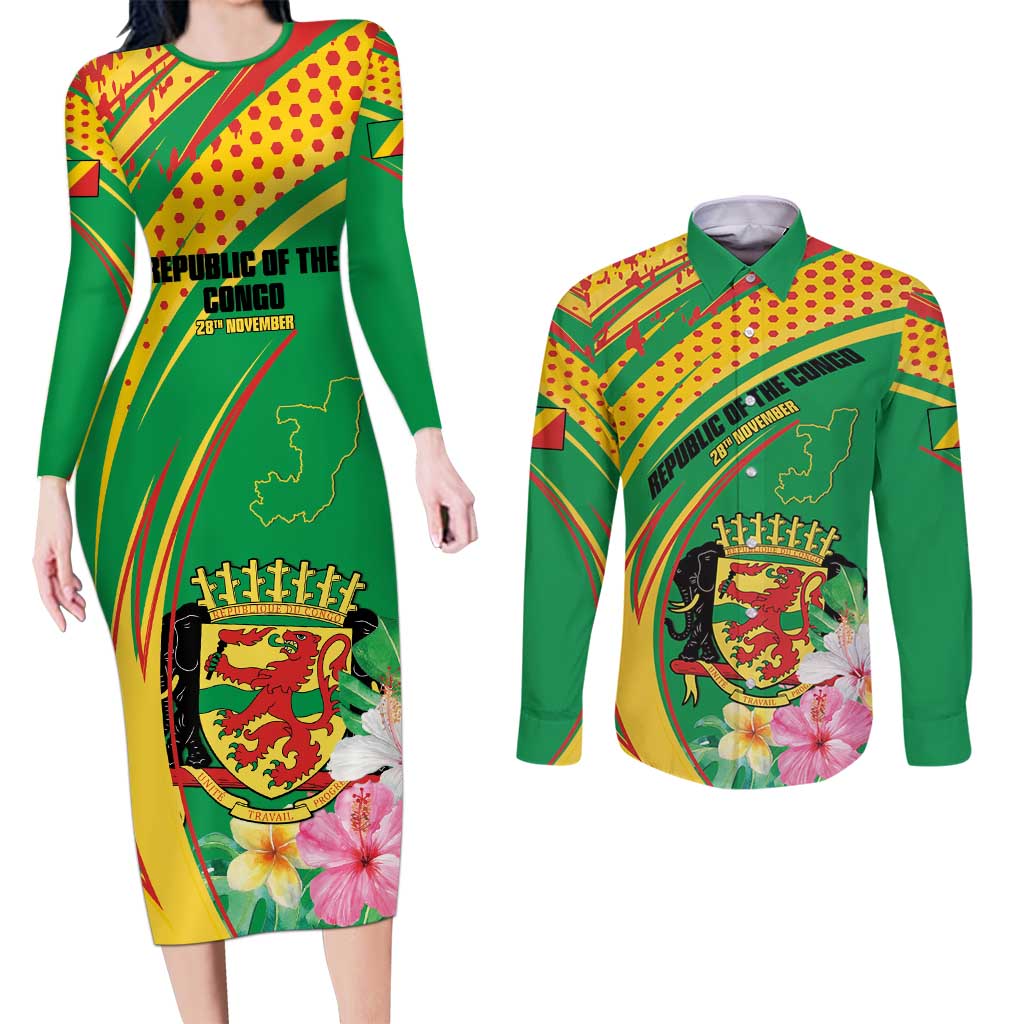 Personalized Congo Republic Day Couples Matching Long Sleeve Bodycon Dress and Long Sleeve Button Shirt Coat Of Arms With Tropical Flower - Wonder Print Shop