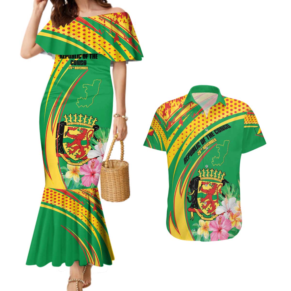 Personalized Congo Republic Day Couples Matching Mermaid Dress and Hawaiian Shirt Coat Of Arms With Tropical Flower - Wonder Print Shop