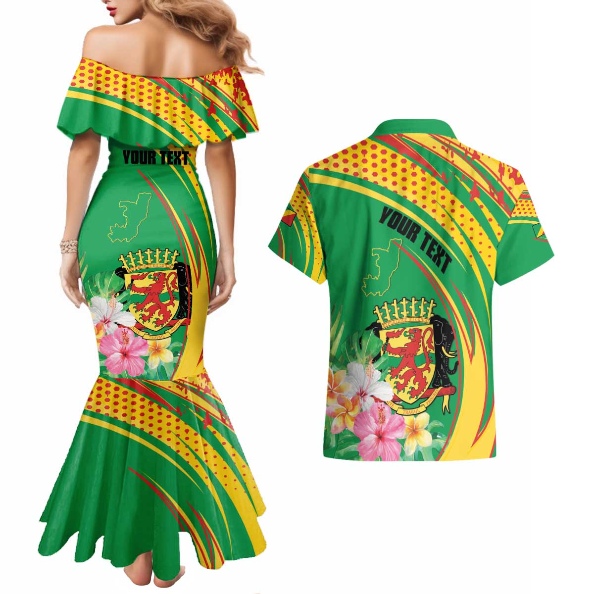 Personalized Congo Republic Day Couples Matching Mermaid Dress and Hawaiian Shirt Coat Of Arms With Tropical Flower - Wonder Print Shop