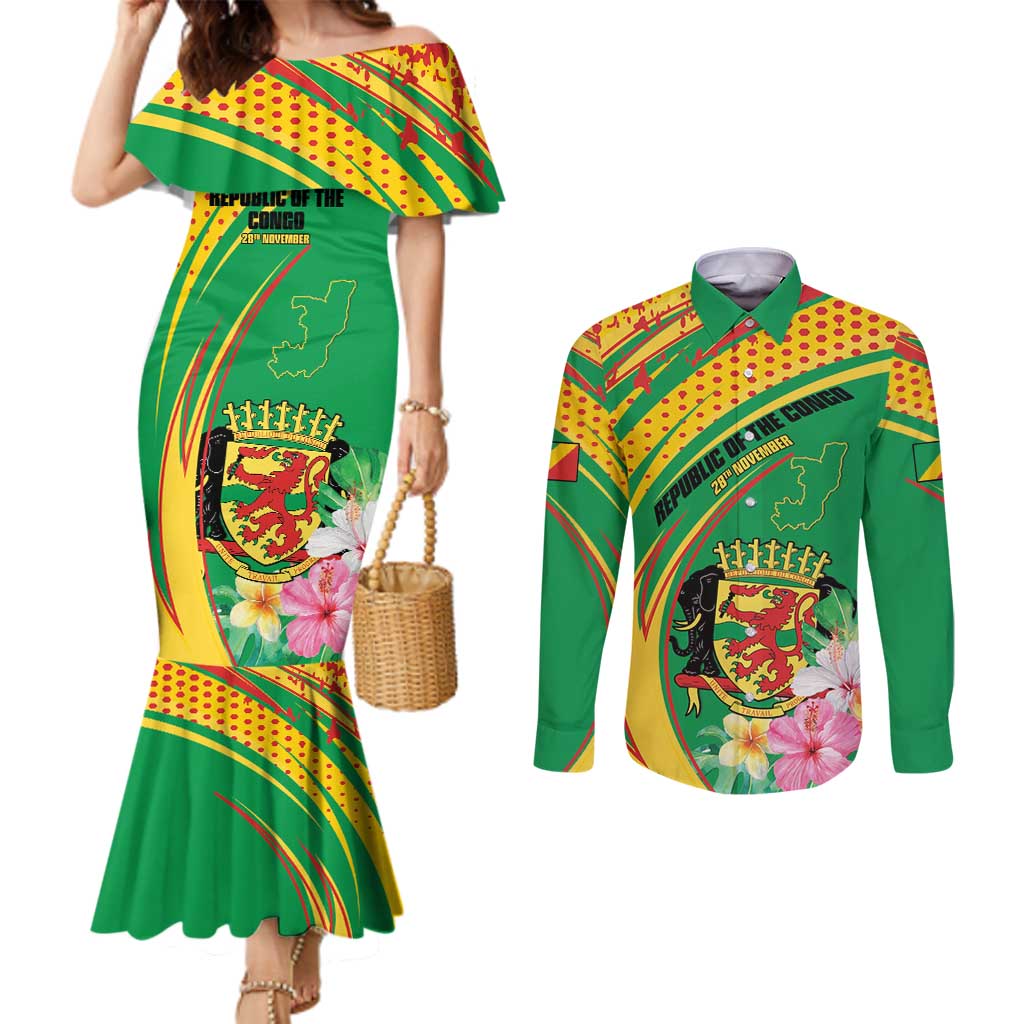Personalized Congo Republic Day Couples Matching Mermaid Dress and Long Sleeve Button Shirt Coat Of Arms With Tropical Flower - Wonder Print Shop