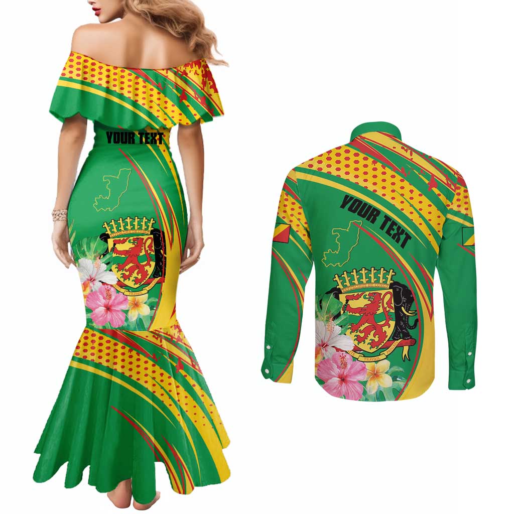 Personalized Congo Republic Day Couples Matching Mermaid Dress and Long Sleeve Button Shirt Coat Of Arms With Tropical Flower - Wonder Print Shop
