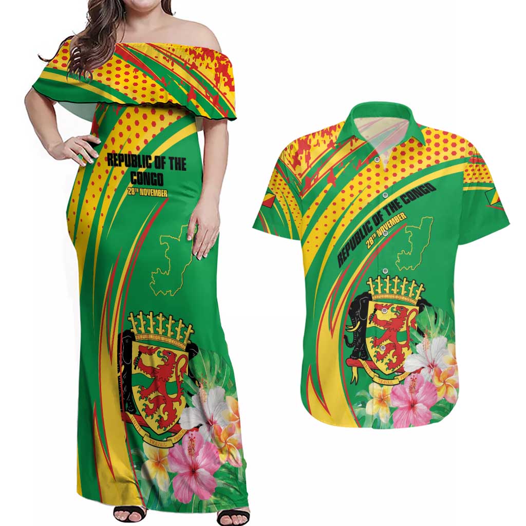 Personalized Congo Republic Day Couples Matching Off Shoulder Maxi Dress and Hawaiian Shirt Coat Of Arms With Tropical Flower - Wonder Print Shop