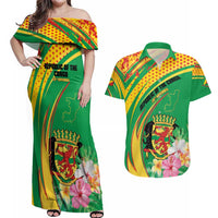Personalized Congo Republic Day Couples Matching Off Shoulder Maxi Dress and Hawaiian Shirt Coat Of Arms With Tropical Flower - Wonder Print Shop