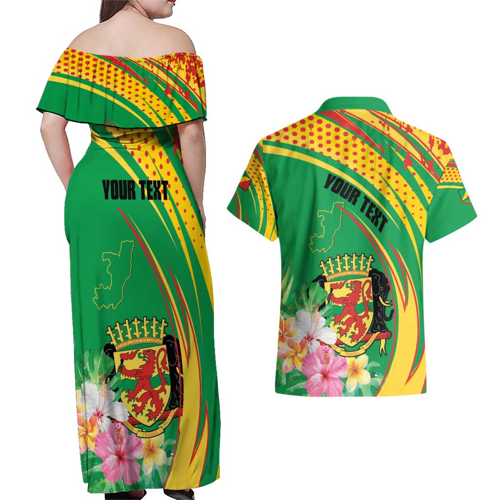 Personalized Congo Republic Day Couples Matching Off Shoulder Maxi Dress and Hawaiian Shirt Coat Of Arms With Tropical Flower - Wonder Print Shop