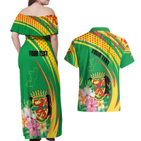 Personalized Congo Republic Day Couples Matching Off Shoulder Maxi Dress and Hawaiian Shirt Coat Of Arms With Tropical Flower - Wonder Print Shop