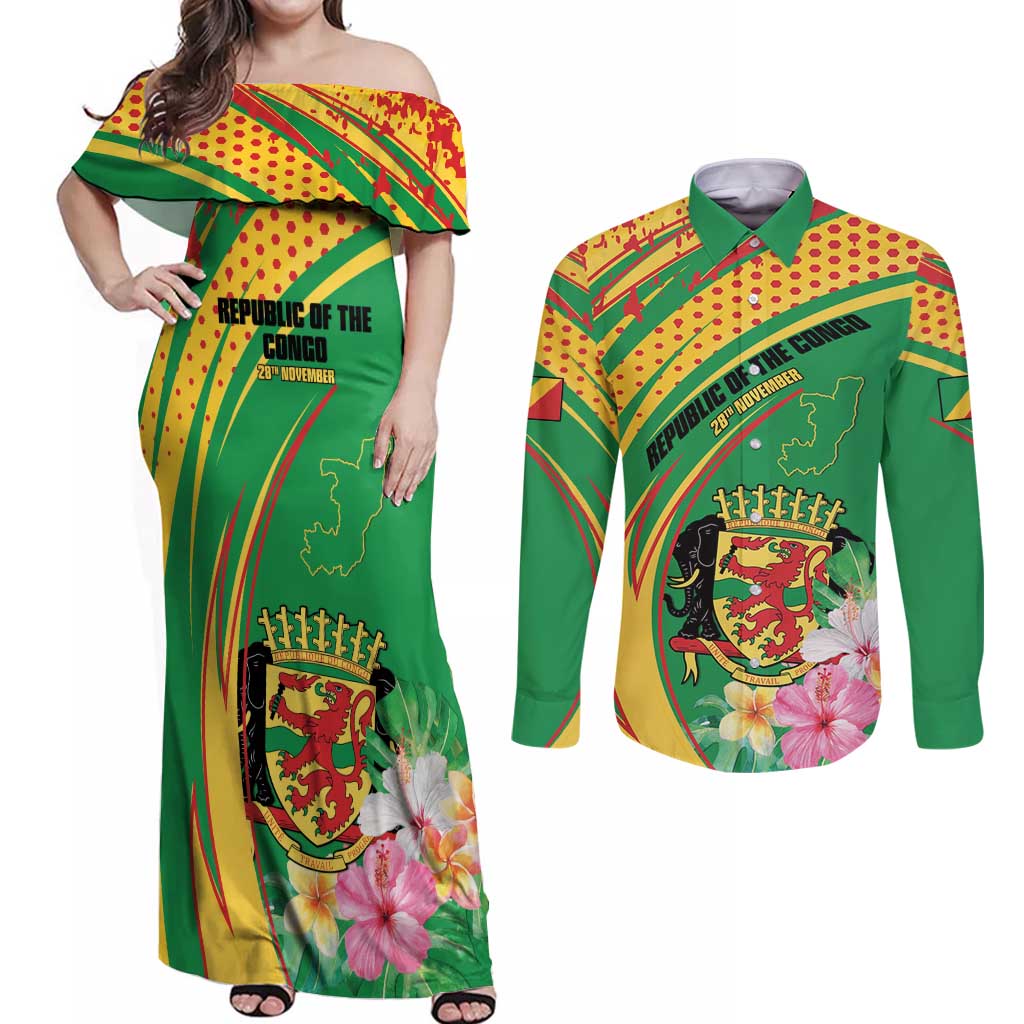 Personalized Congo Republic Day Couples Matching Off Shoulder Maxi Dress and Long Sleeve Button Shirt Coat Of Arms With Tropical Flower - Wonder Print Shop