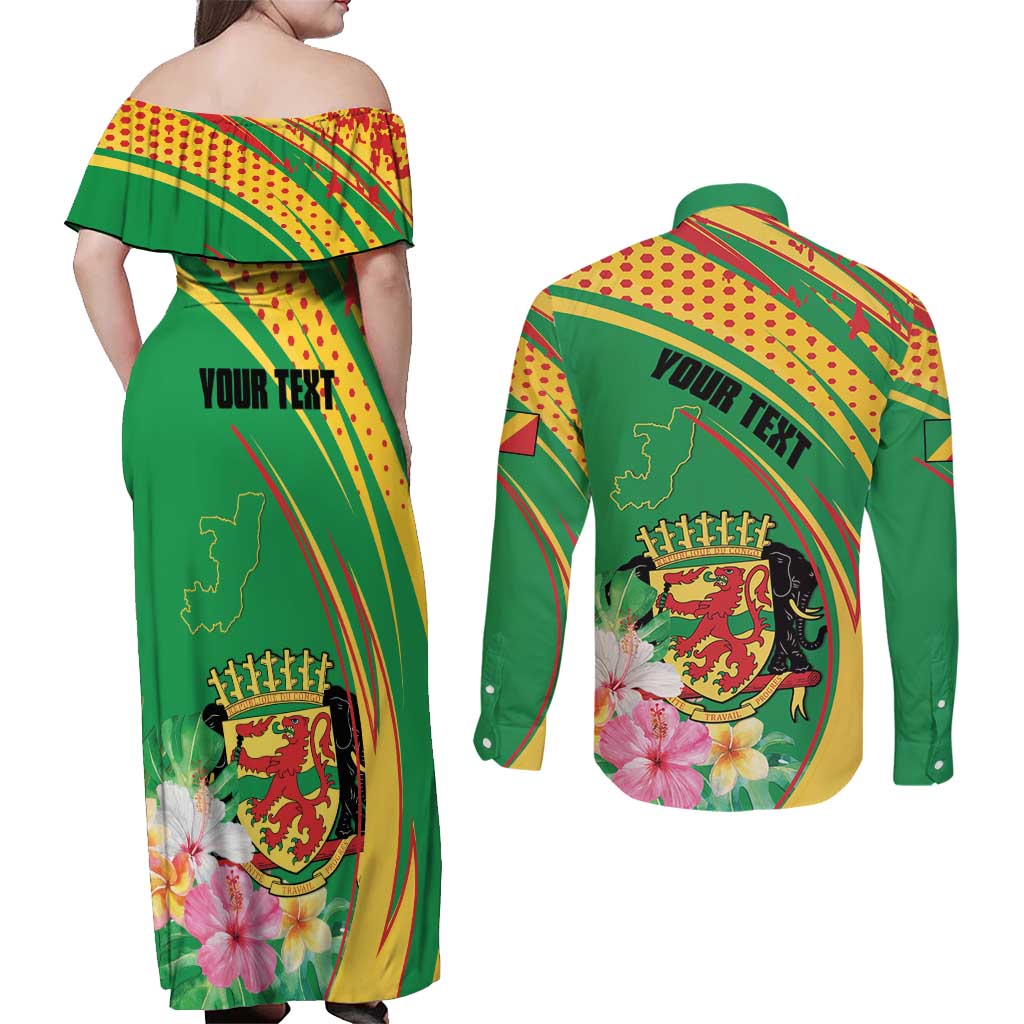 Personalized Congo Republic Day Couples Matching Off Shoulder Maxi Dress and Long Sleeve Button Shirt Coat Of Arms With Tropical Flower - Wonder Print Shop