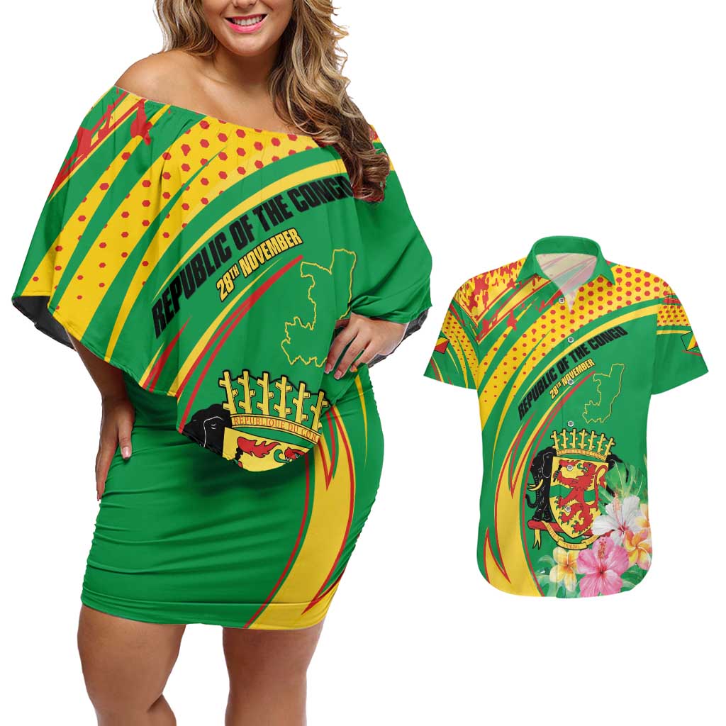 Personalized Congo Republic Day Couples Matching Off Shoulder Short Dress and Hawaiian Shirt Coat Of Arms With Tropical Flower - Wonder Print Shop