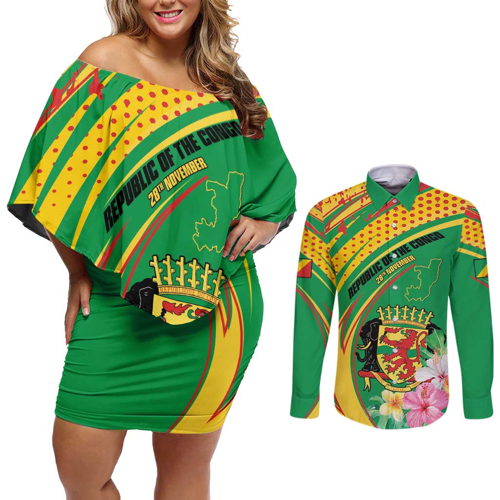 Personalized Congo Republic Day Couples Matching Off Shoulder Short Dress and Long Sleeve Button Shirt Coat Of Arms With Tropical Flower - Wonder Print Shop
