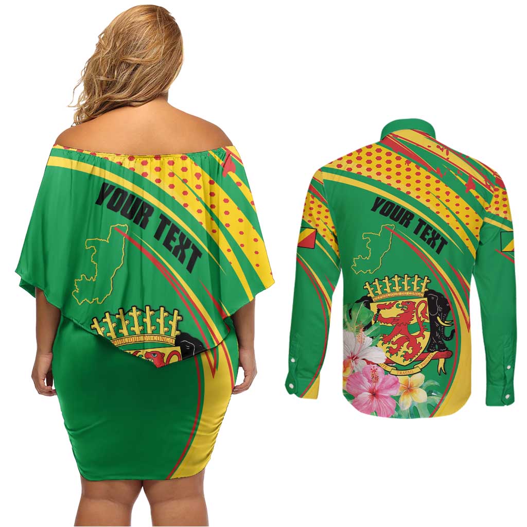 Personalized Congo Republic Day Couples Matching Off Shoulder Short Dress and Long Sleeve Button Shirt Coat Of Arms With Tropical Flower - Wonder Print Shop