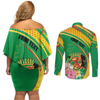 Personalized Congo Republic Day Couples Matching Off Shoulder Short Dress and Long Sleeve Button Shirt Coat Of Arms With Tropical Flower - Wonder Print Shop