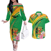 Personalized Congo Republic Day Couples Matching Off The Shoulder Long Sleeve Dress and Hawaiian Shirt Coat Of Arms With Tropical Flower - Wonder Print Shop